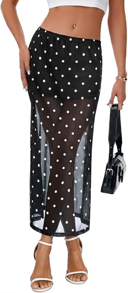 Womens Polka Dot Sheer Maxi Skirt A-Line with Liner | Amazon (US)