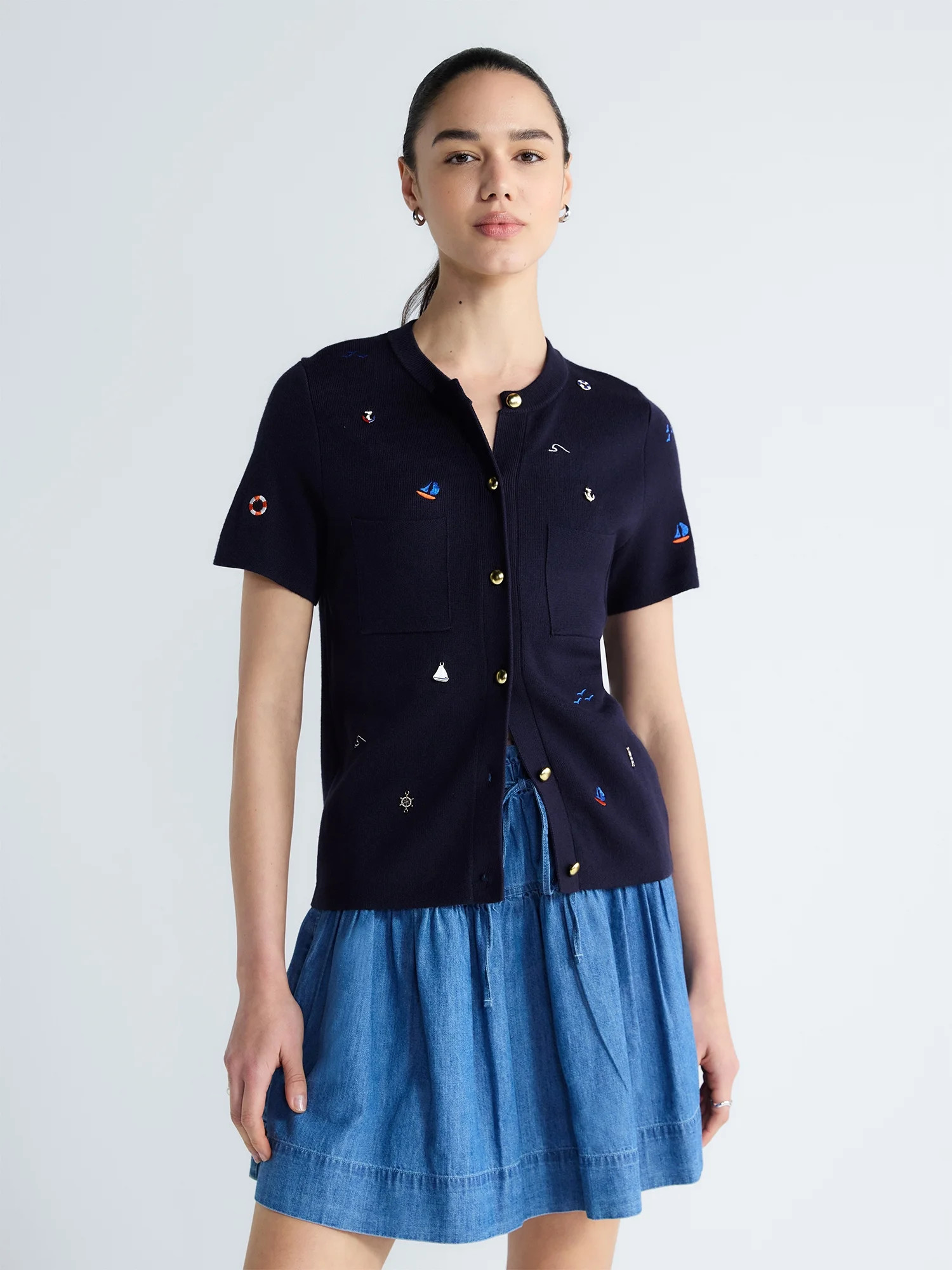 Free Assembly Women's and Women's Plus Embroidered Cardigan Sweater with Short Sleeves, Sizes XS-... | Walmart (US)