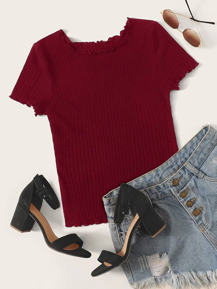 Women's T-Shirt Ribbed Lettuce-Edge Form-Fitting Top T-Shirt for womenCARRIESU (Color : Burgundy,... | Amazon (US)
