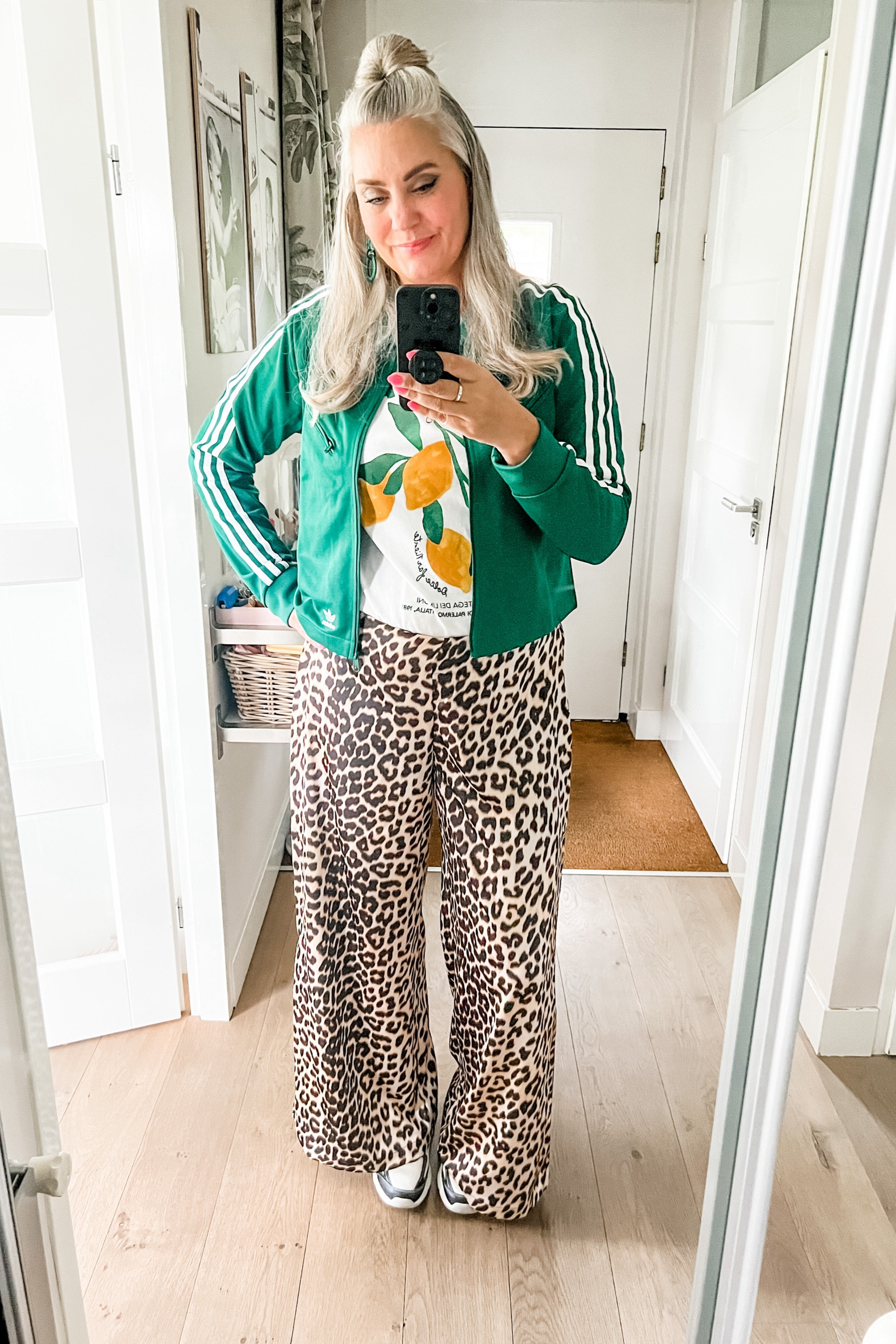 Ootd - Saturday. Retro style Adidas cropped jacket paired with an H&M lemon print t-shirt, wide legged leopard trousers (Shoeby) and chunky Skechers sneakers. 

#LTKnederlands #LTKstyletip #LTKeurope