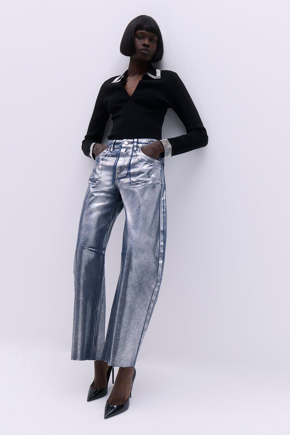 Denim Foiled Wide Leg Jeans | Karen Millen | Karen Millen US