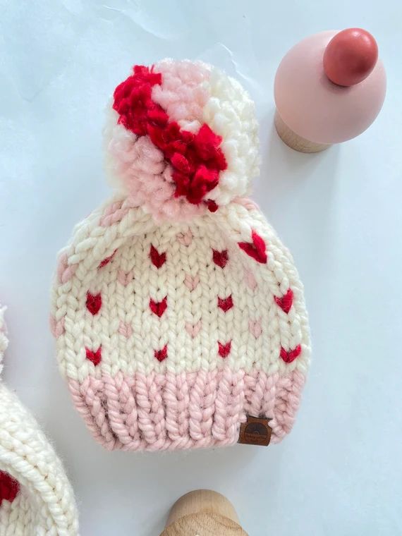 Tiny Heart Pom Pom Beanie  Hand Knit Valentines Heart Hat | Etsy | Etsy (US)