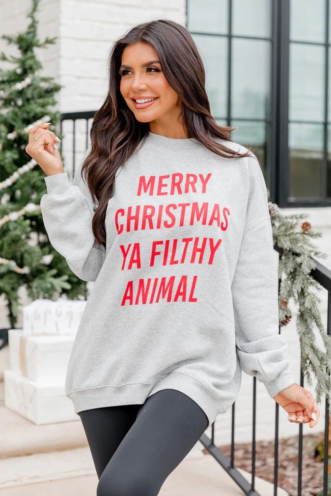 Merry Christmas Ya Filthy Animal Grey Oversized Graphic Sweatshirt | Pink Lily