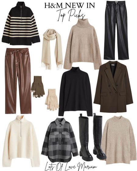 New autumn pieces 🤍 stripped zip top rib knit jumper, neck scarf, faux leather wide trousers, brown double breasted blazer, rib knit jumper, touch screen gloves. Black knee high boots, black turtleneck top, oversized shacket 

#LTKunder100 #LTKHoliday #LTKSeasonal