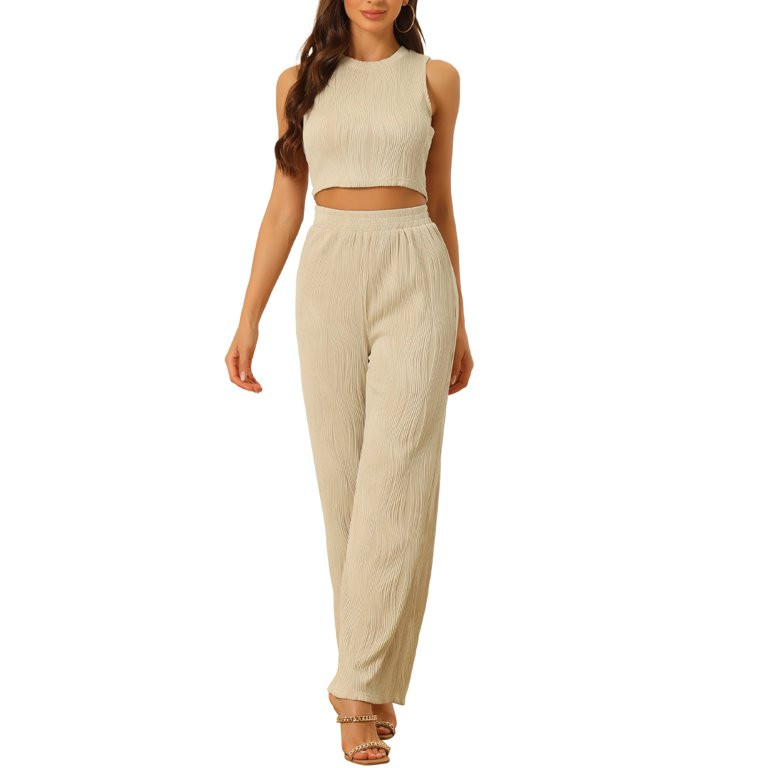 Allegra K Women's 2 Pieces Outfits Ribbed Knit Sleeveless Top Wide Leg Pants Crew Neck Set - Walm... | Walmart (US)