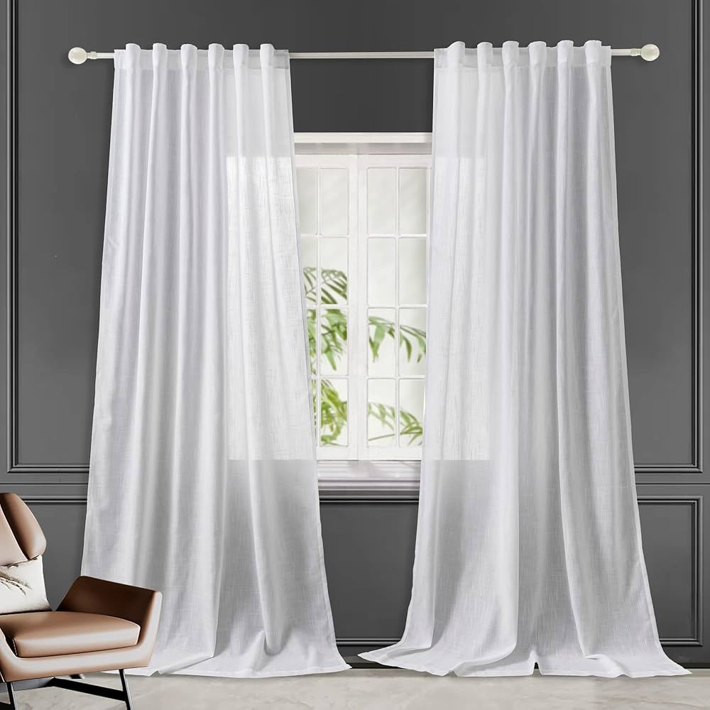 Hoydumuia Pure White Linen Curtains 96 Inch Long Back Tab Loop Pocket Drape Cotton Textured Curta... | Amazon (US)