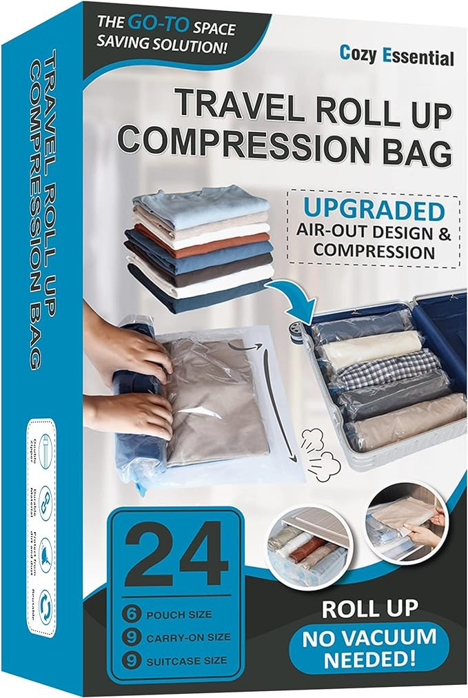 24 Travel Compression Bags, Roll Up Travel Space Saver Bags for Luggage, Cruise Ship Essentials (... | Amazon (US)