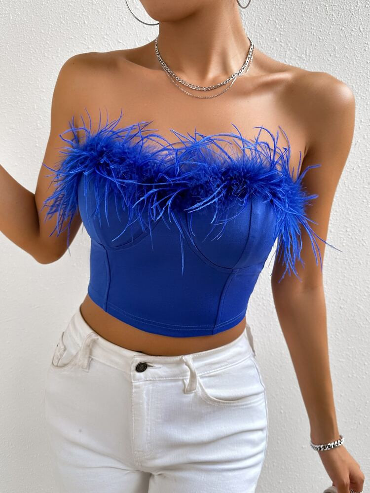 SHEIN BAE 1pc Fuzzy Trim Bustier Crop Tube Top | SHEIN