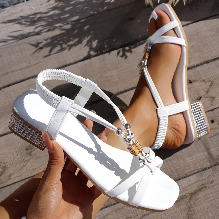 Beach Sandals for Women Summer Casual Bohemian Beaded Low Heels Open Toe Elastic Slingback Pumps ... | Walmart (US)