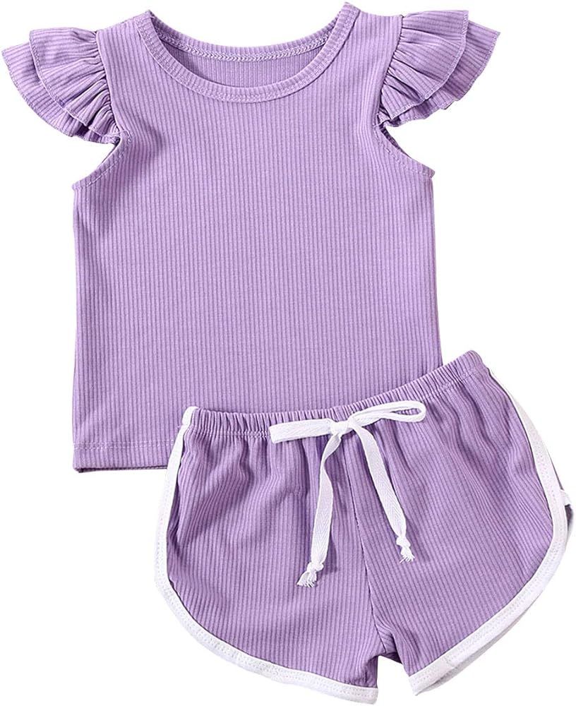 Toddler Baby Girls Summer Knit Outfits Set Ruffle Tops Shirt + Shorts Pants 2Pcs Clothes | Amazon (US)