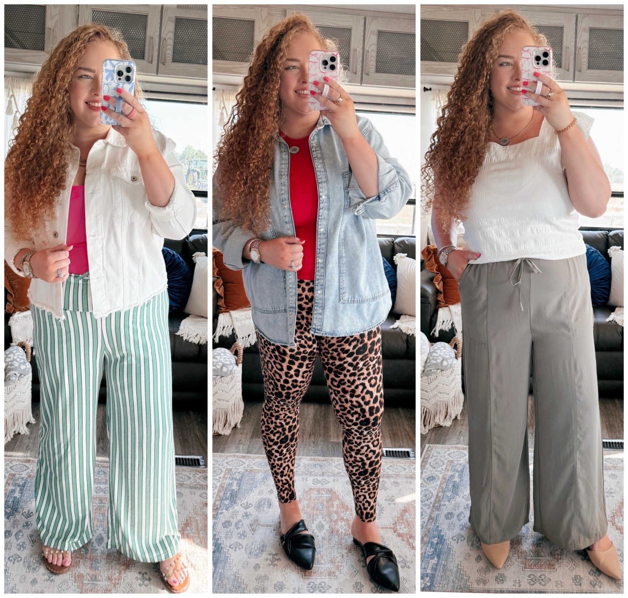Current Amazon faves 🛍️ these outfits have been on repeat lately and I’m not even sorry 😍 comfy, cute, and SO easy to style 💁‍♀️ which one’s your fave? 🤔fall pants | amazon green pants | thin green pants | flowy pants | cream top | cream blouse | amazon blouse | amazon cream blouse | mules | amazon mules | amazon fashion | amazon finds | amazon look | amazon outfit | fall outfit | fall look | fall fashion | fall finds | fall outfit inspo | fall fashion inspo | fall 2025 | fall trip | fall vacation | fall vacation outfit | fall transition outfit | fall transition look | fall transition inspo | leopard leggings | amazon leggings | amazon leopard leggings | leggings outfit | leopard leggings outfit | mules | amazon mules | black mules | amazon black mules | denim shacket | target denim shacket | pearl snap denim shacket | fitted top | amazon fitted top | red fitted top | amazon red fitted top | white denim jacket | amazon denim jacket | amazon white denim jacket | pink tank top | amazon pink tank top | striped pants | amazon striped pants | green striped pants | sandals | amazon sandals 

#LTKMidsize #LTKFindsUnder50 #LTKStyleTip