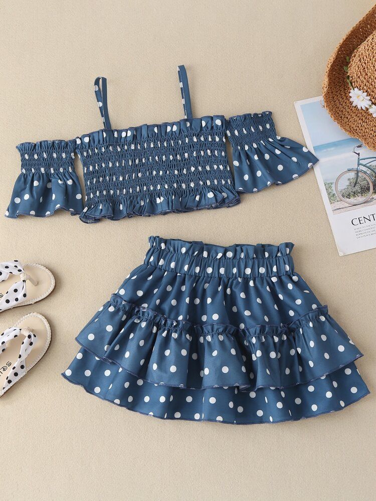 Toddler Girls Polka Dot Shirred Cold Shoulder Top & Layered Skirt | SHEIN