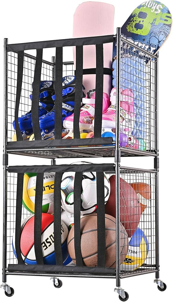 Mythinglogic Rolling Sports Ball Storage Cart, Sports Lockable Ball Storage Locker with Elastic S... | Amazon (US)