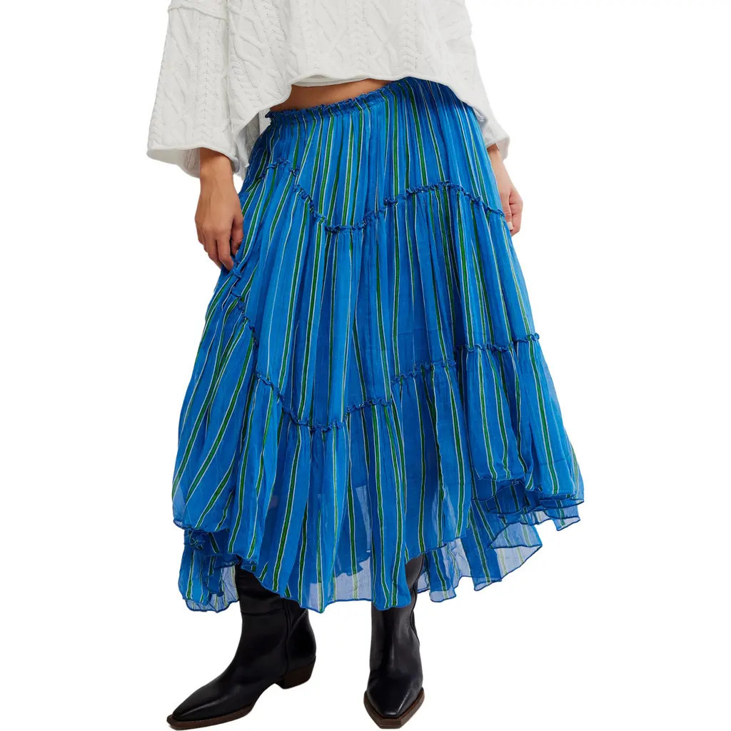 Free People Ember Tiered Stripe Midi Skirt in Blue Marina at Nordstrom, Size Medium | Nordstrom
