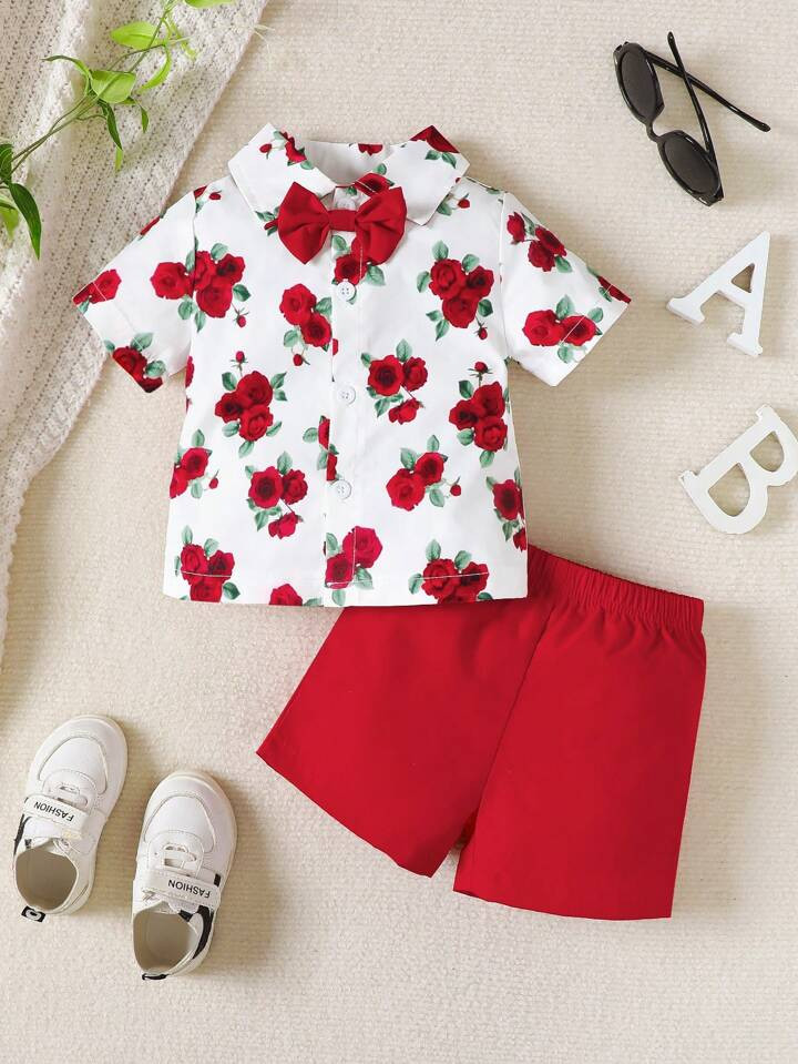 2pcs Baby Boys' Gentleman Style Flower Patterned Short Sleeve Top With Bow Tie And Shorts Set, Sp... | SHEIN