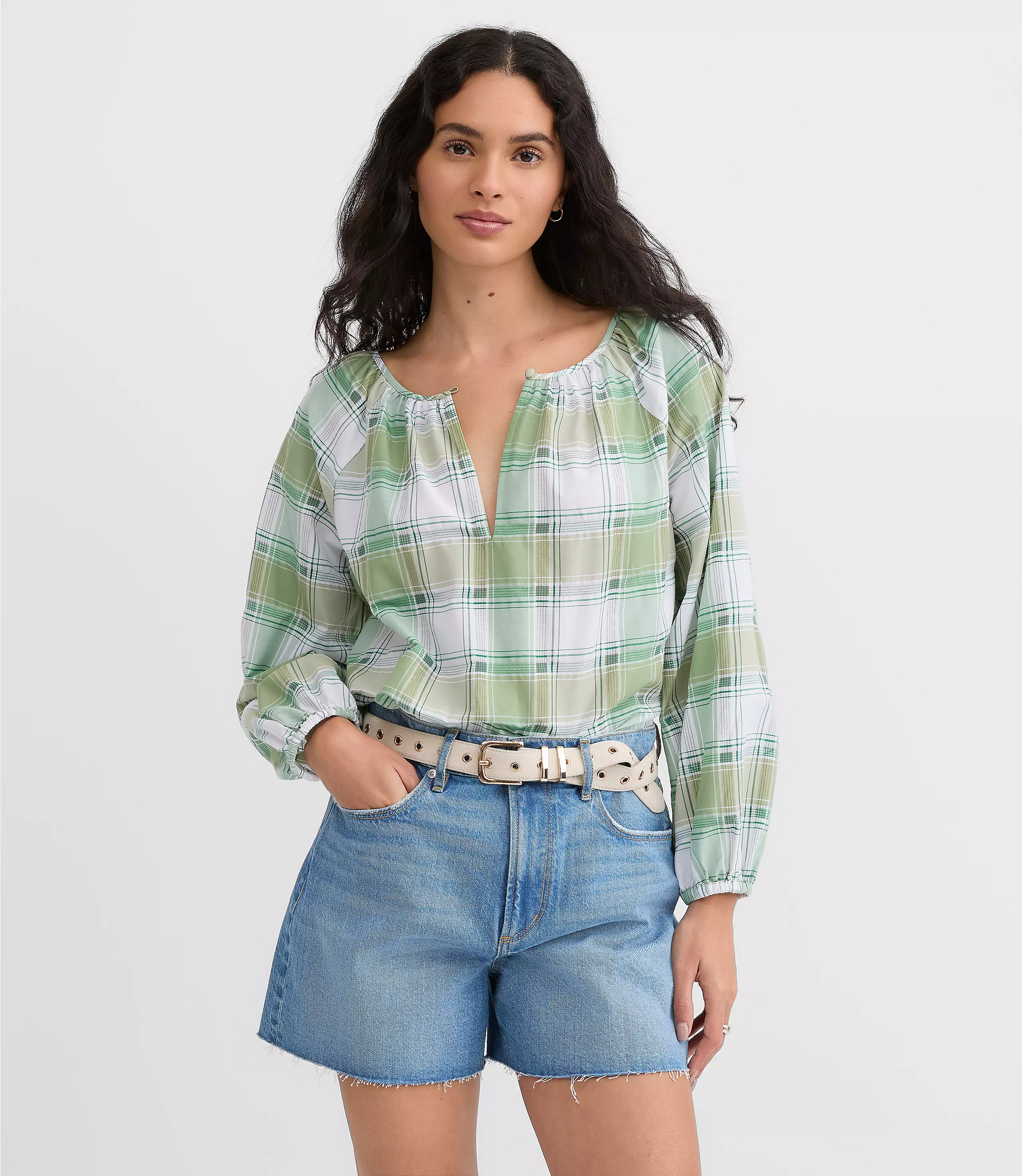 Plaid Gathered Keyhole Blouse | LOFT