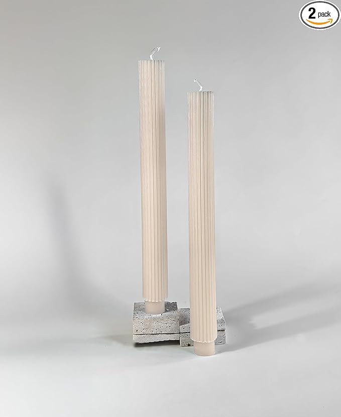 2 Pack | 10" Premium Unscented Ribbed Wick Taper Candles, Tall Ribbon Wax Dinner Unscented Modern... | Amazon (US)