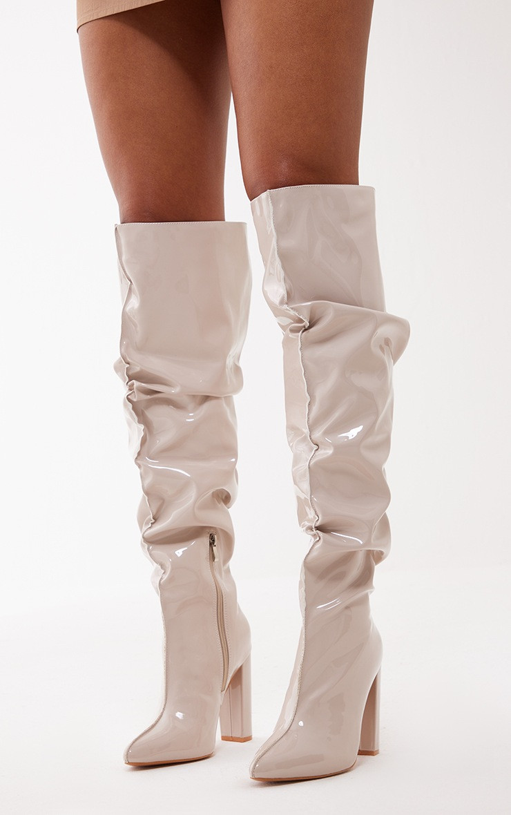 Cream Vinyl Point Toe Seam Detail Over The Knee High Block Heeled Boots | PrettyLittleThing US