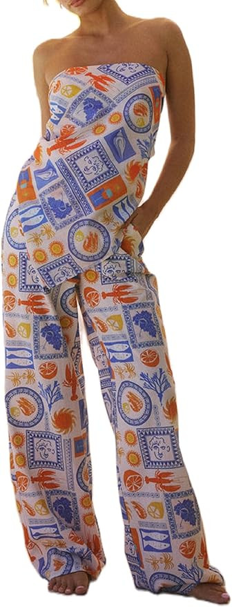 Women Graphic 2 Piece Outfit Strapless Tie Back Tube Top Wide Leg Lounge Pants Set Summer Holiday... | Amazon (US)