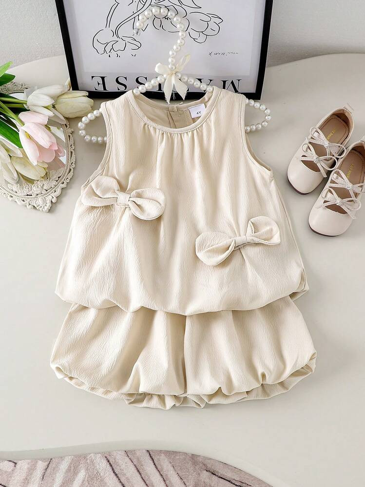 2pcs/Set Young Girl Casual Cute Bow Decor Sleeveless Top And Ruffle Shorts Set, Summer | SHEIN