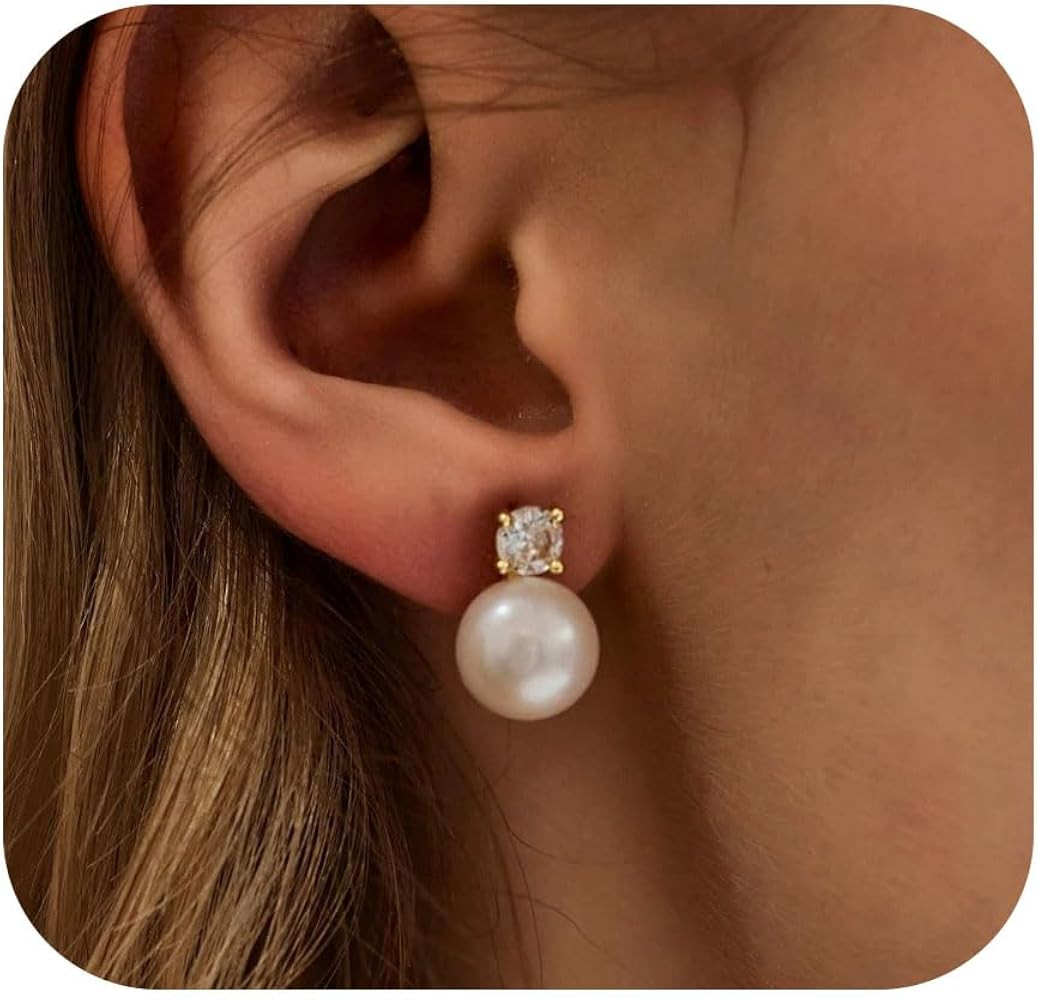 Pearl Earrings for Women 925 Sterling Silver Earring 14K Gold Plated Pearls Stud Earrings for Wom... | Amazon (US)