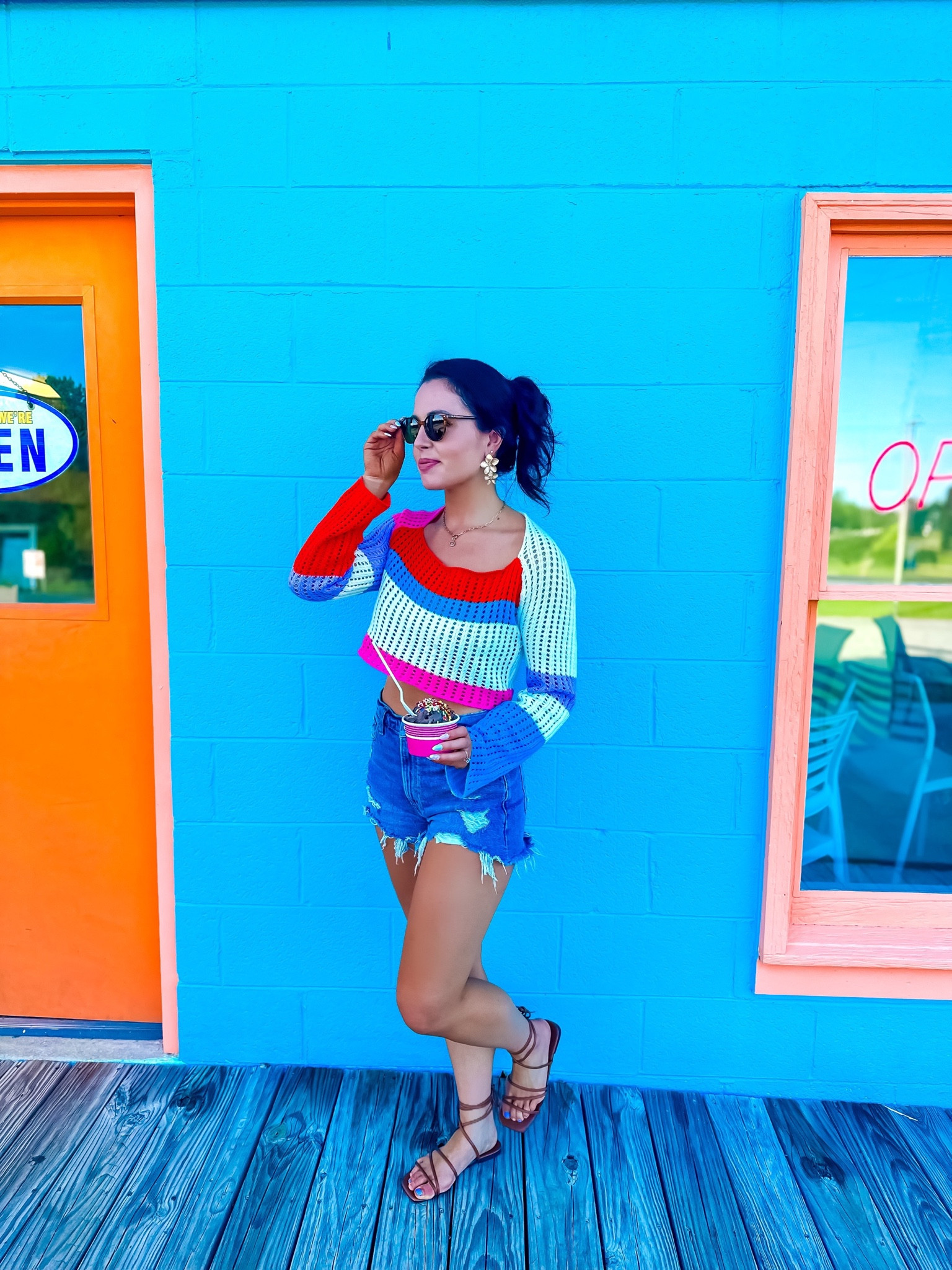 Under $20 amazon crochet sweater top (small, multiple colors), under $35 Levi’s denim shorts (27, size up one), under $30 amazon lace up sandals and under $10 amazon gold floral earrings —easy to transition to fall! #founditonamazon 

#LTKFallSale #LTKFindsUnder50 #LTKSaleAlert