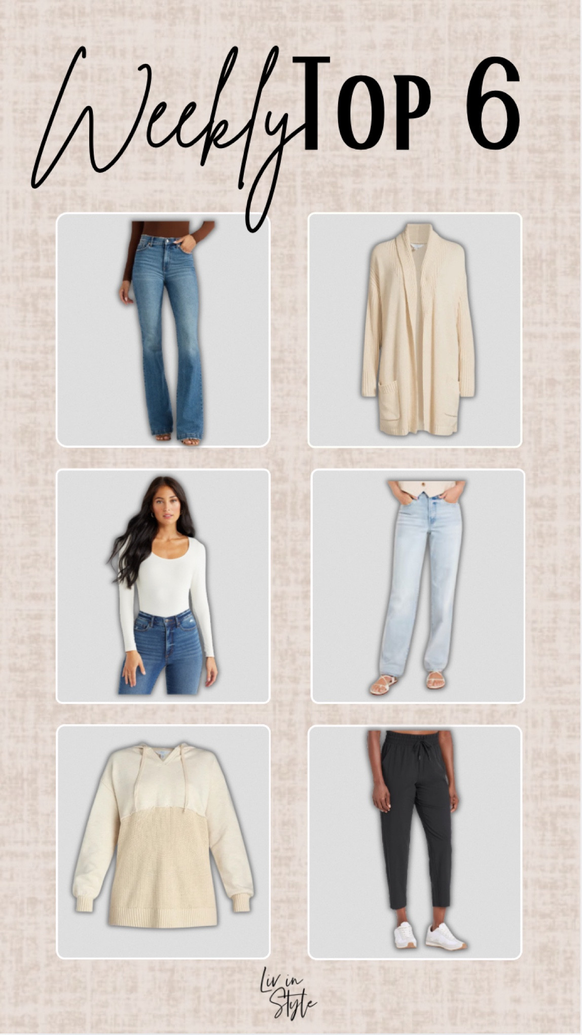 This week’s top 6 is full of denim and neutrals…the perfect fall transition staples. Two of my favorite jeans postpartum, the smoothest bodysuit, cardigan and casual hoodie and joggers from Target that come in length options!

#LTKFitness #LTKStyleTip #LTKWorkwear