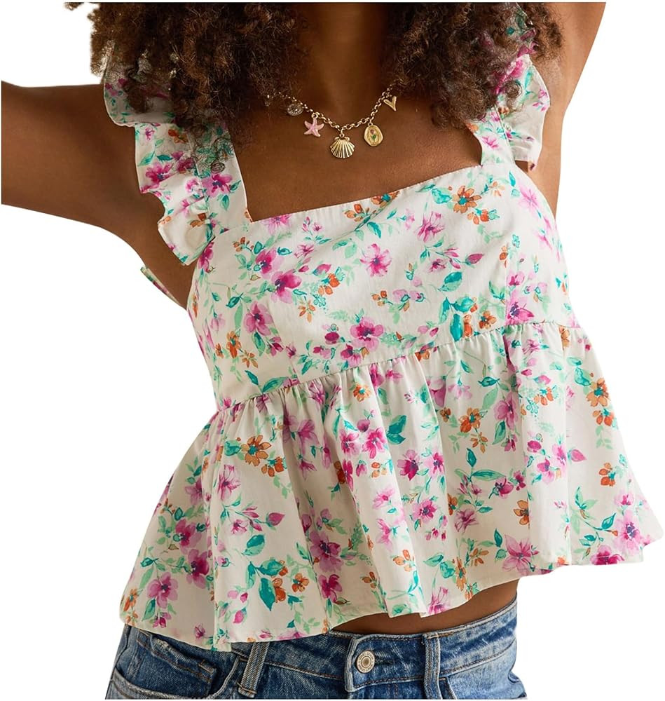 Women Babydoll Floral Tank Top Flower Print Ruffle Strap Sleeveless Peplum Shirt Flutter Sleeve S... | Amazon (US)