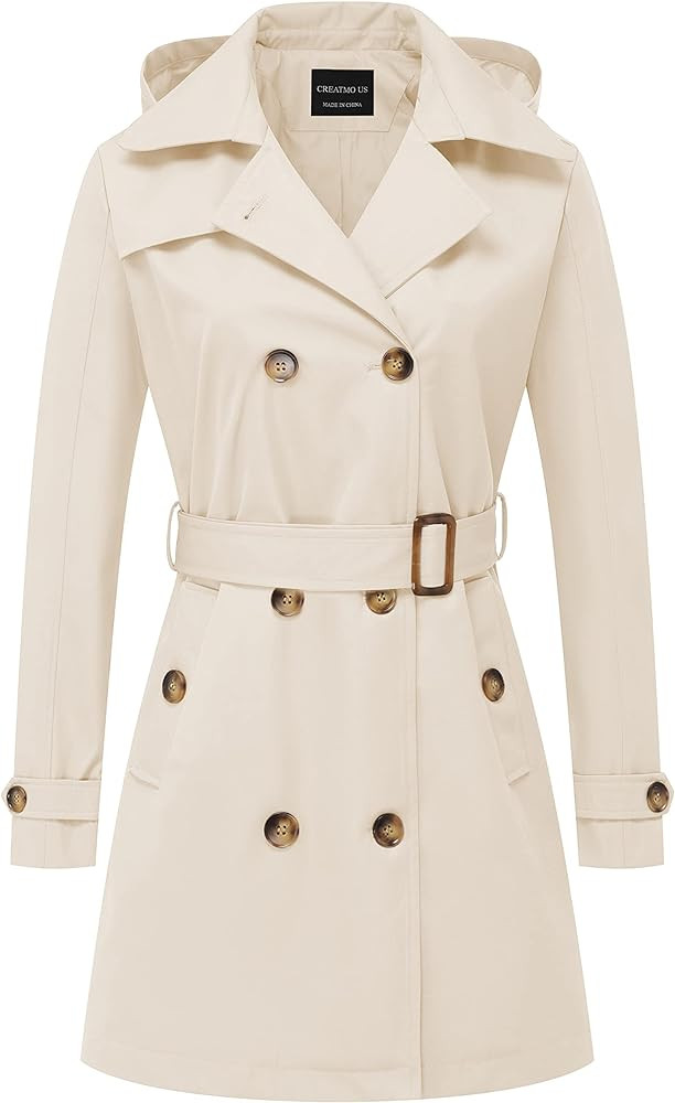 CREATMO US Women's Trench Coat Double-Breasted Classic Lapel Overcoat Belted Slim Outerwear Coat ... | Amazon (US)