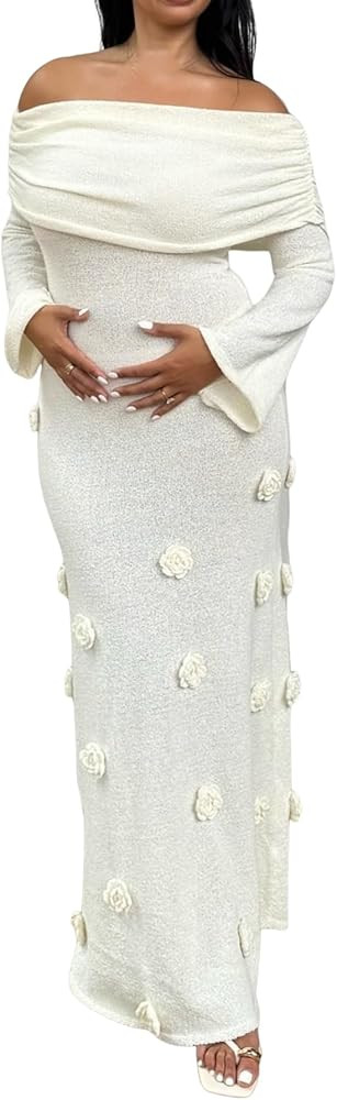 Unybwonn Women Sexy Off Shoulder Crochet Maxi Dress Bodycon Stretchy Mesh Knit Dress Long Sleeve ... | Amazon (US)