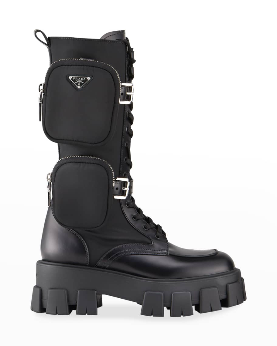 Prada Leather Zip Pocket Tall Combat Boots | Neiman Marcus