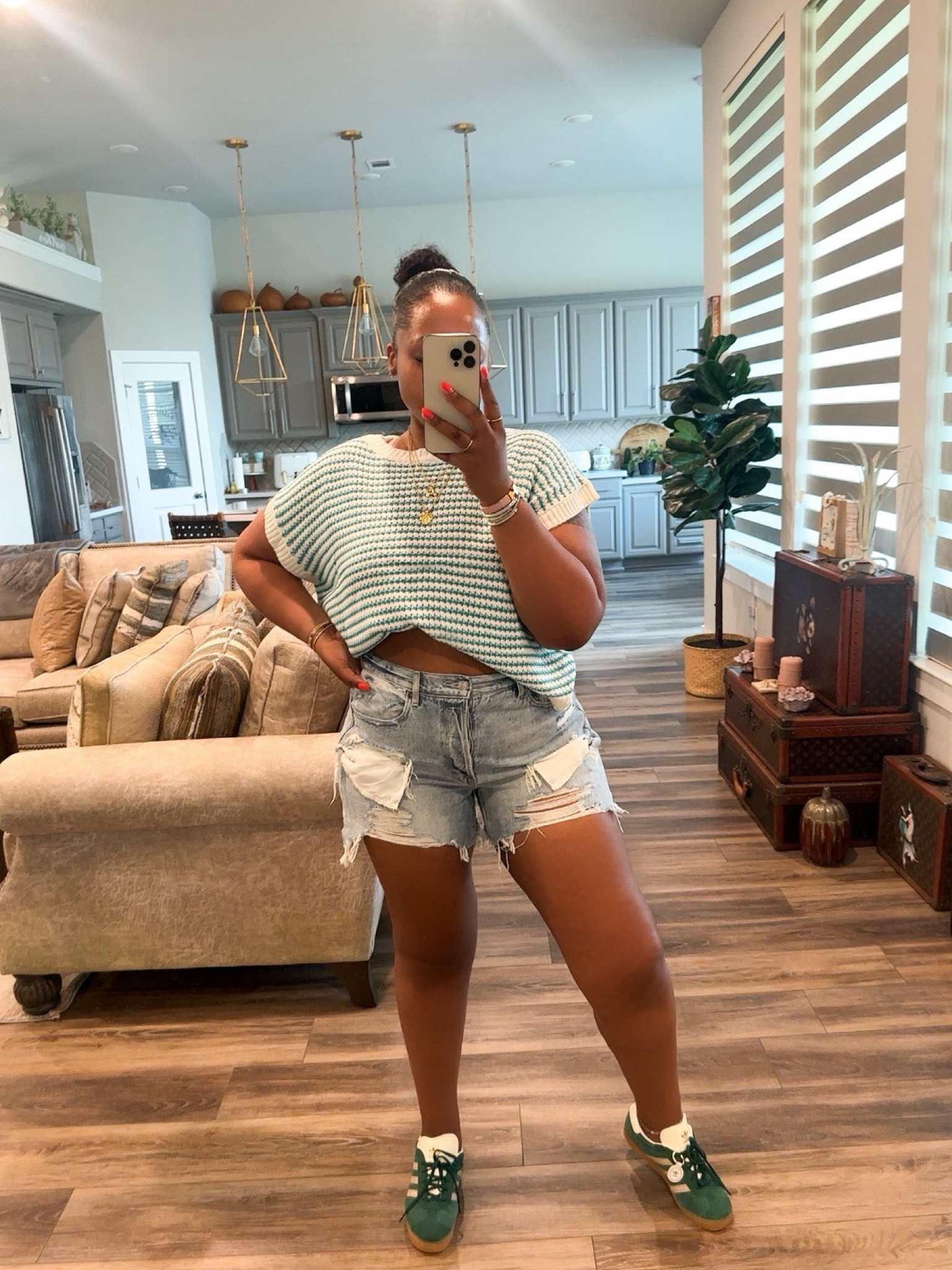 
shorts-  tts 
Top-  medium 
Sneakers -  size down 1 full size or 1/2 

Vacation outfit - shorts - denim shorts - jean shorts - sneakers - adidas - striped top - summer - summer outfit - travel - sweater top - affordable outfit -  #ltkfindsunder50 #ltkvideo #ltkstyletip 