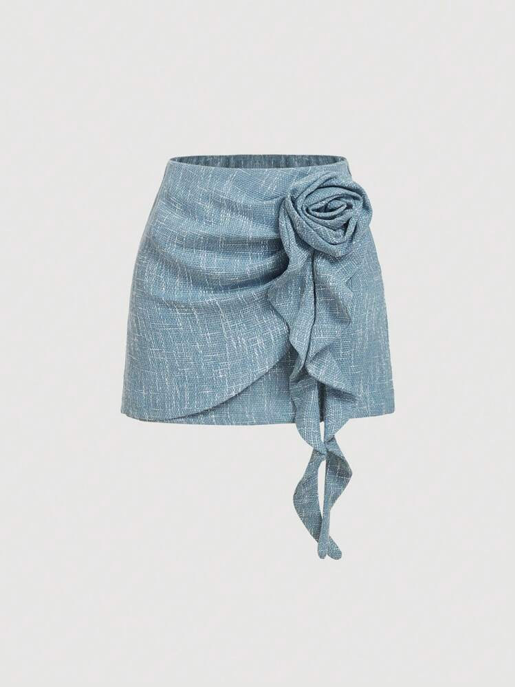 SHEIN MOD Falda De Tweed De Corte Evasé Para Mujer, Con Flores 3D Y Volantes En El Bajo, Color Azul, Falda Para Mujer, Falda Con Volantes, Falda Corta, Falda De Invierno, Falda Para Mujer, Falda Para Año Nuevo, Falda Para Mujer, Falda De San Valentín | SHEIN