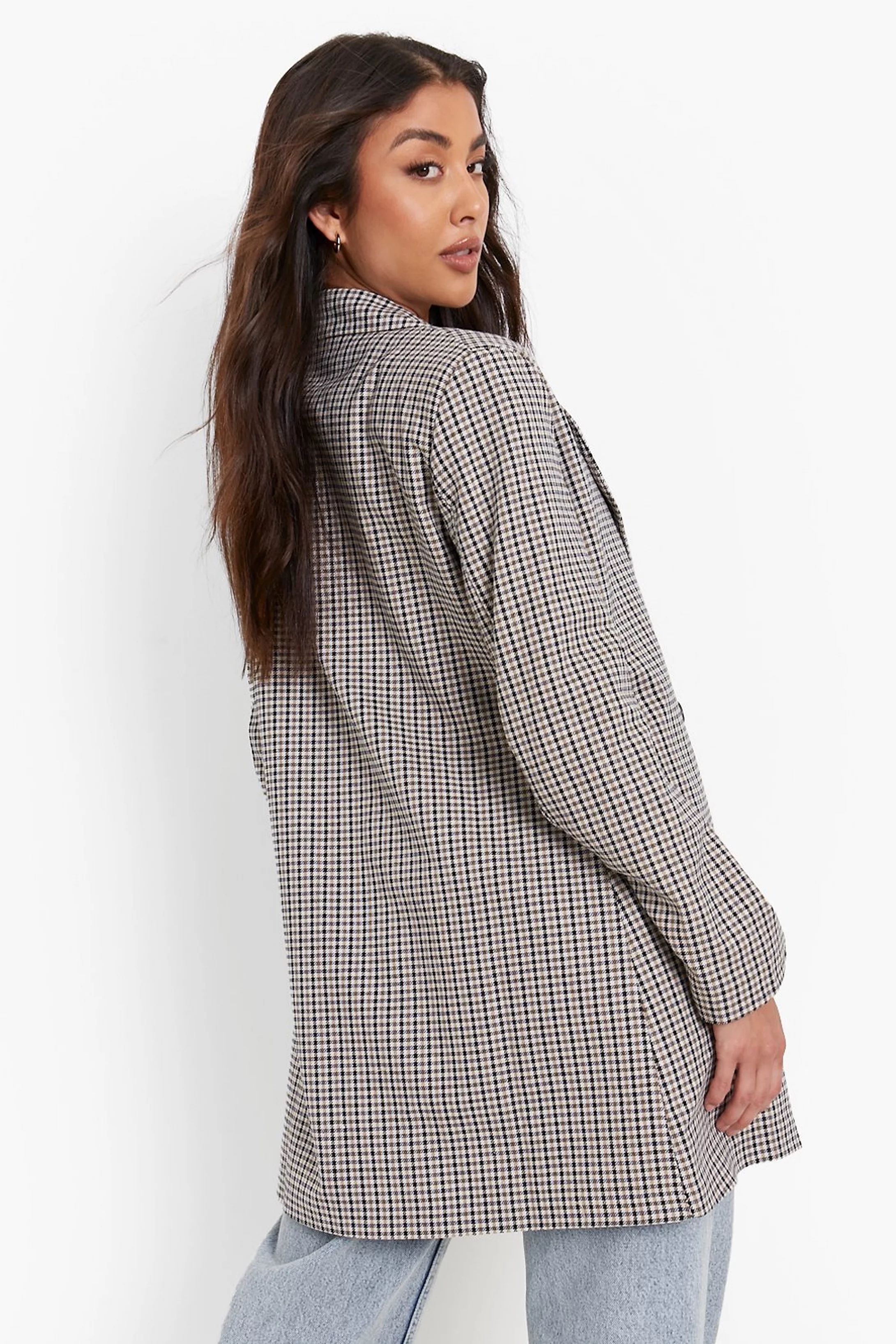 Tonal Check Double Breasted Longline Blazer | Boohoo.com (US & CA)