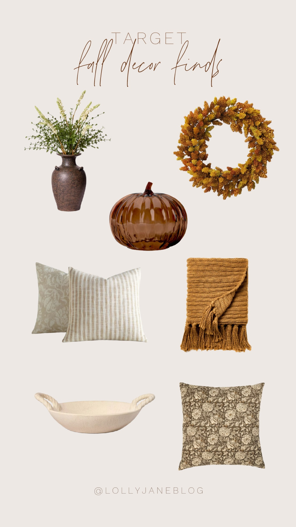 Target fall decor finds! 🤎

 Fall in love with autumn vibes from Target! 🍁Add a cozy touch to your home with this must-have lineup: a charming autumn wreath, a stylish fruit bowl perfect for seasonal harvests, a floral throw pillow to cozy up on the couch, a plush throw blanket for those crisp evenings, a sparkling glass pumpkin for a festive touch, and a fake fall plant to bring the season indoors. These fall essentials will make your space feel warm, inviting, and oh-so-cute! 🍂 #FallFavorites #TargetStyle #AutumnVibes #CozyHome

#LTKHome #LTKSeasonal #LTKStyleTip