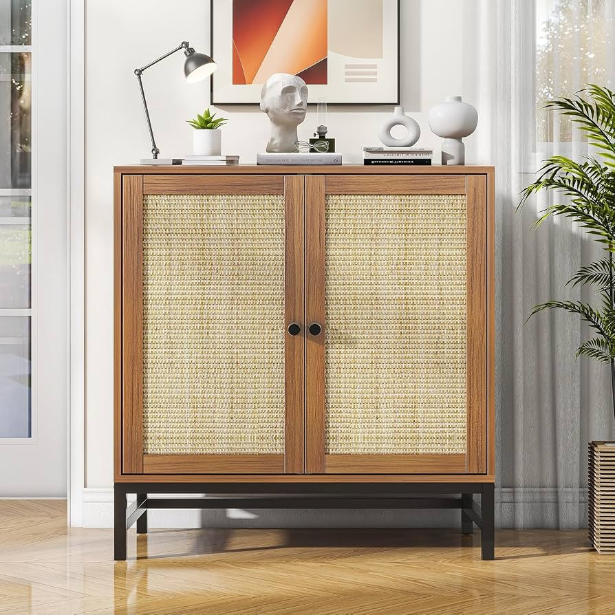 ZLWJGY Credenza Rattan Buffet Cabinet, Sideboard Storage Accent Cabinet with 2 Doors, Small Mid Century Modern Console Table for Kitchen, Living Room and Dining Room, Walnut | Amazon (US)