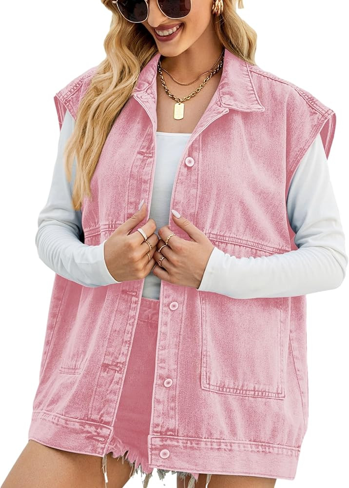 Womens Oversized Sleeveless Jean Denim Jacket Button Down Vest Top for Women Summer Waistcoat Jea... | Amazon (US)