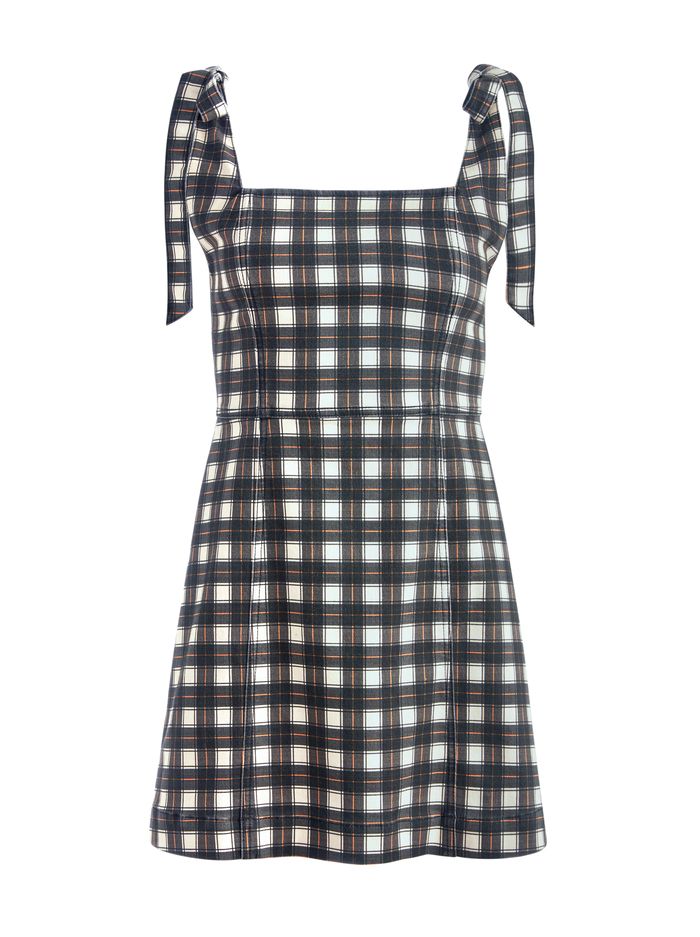 MARYANN PLAID TIE SHOULDER MINI DRESS | Alice + Olivia