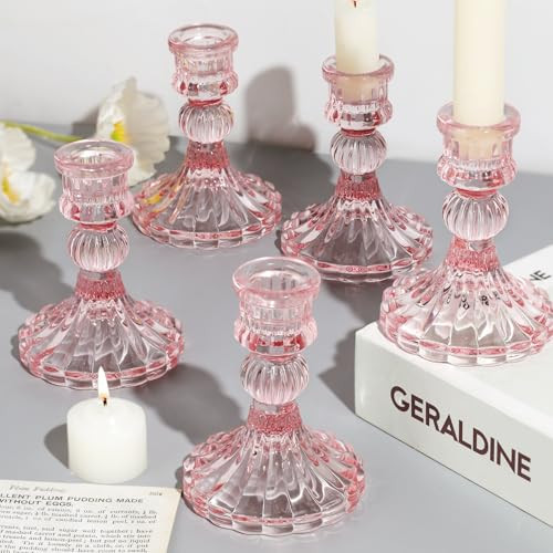 12PCS Pink Candlestick Holders Set- 4" H Taper Candle Holders, Glass Candle Holders Bulk for Wedding, Party, Home Table Centerpieces, Festival Gifts & Windowsill Decor | Amazon (US)