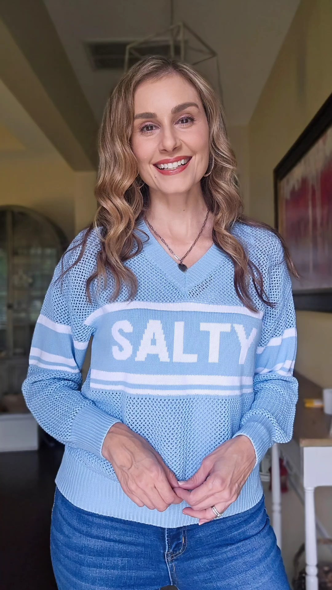 Salty… but make it cute 💙🌊This lightweight spring sweater is giving coastal vibes with just the right amount of sass—perfect for breezy days and sunset strolls. Paired it with denim for an easy, everyday look I’ll be living in all season. Wearing @pearlsandcamogirl✨