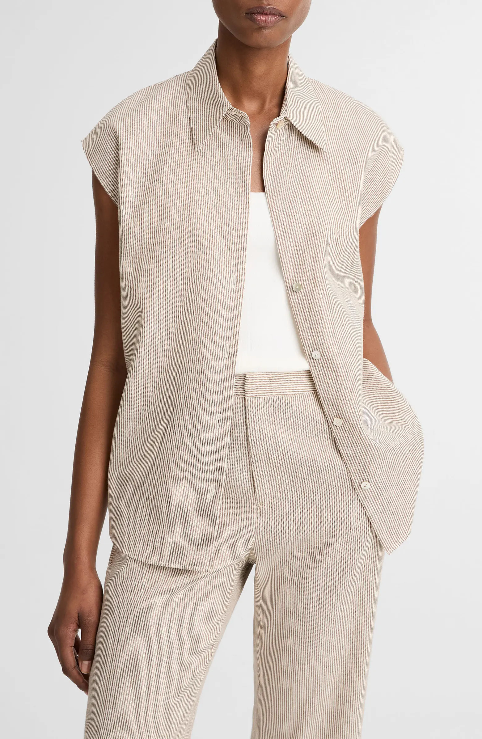 Ticking Stripe Cap Sleeve Linen & Cotton Button-Up Shirt | Nordstrom