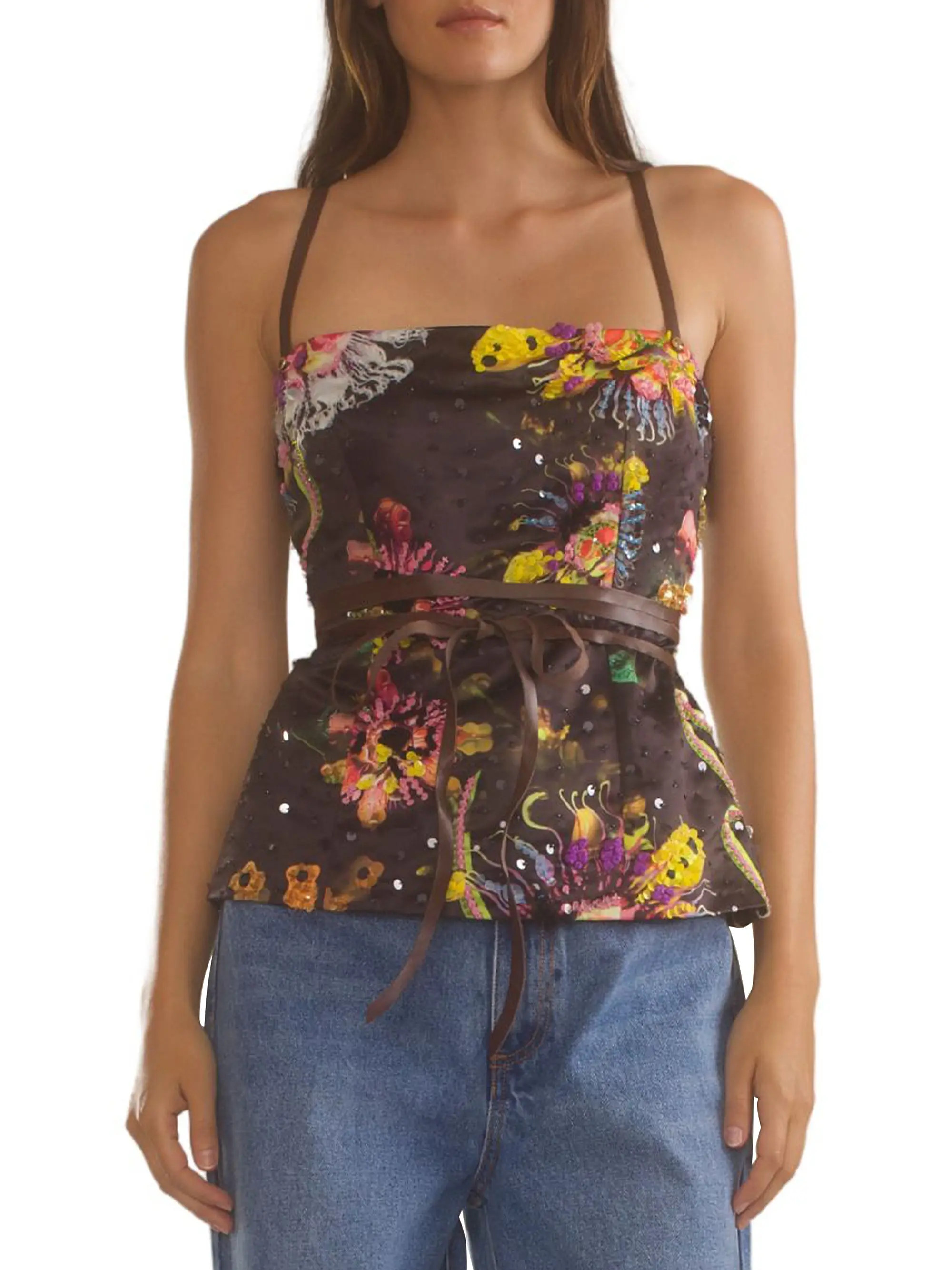 Satin Leather Ties Embellished Top | Saks Fifth Avenue