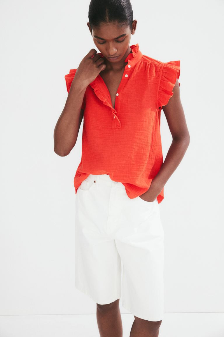 Flutter-sleeved Muslin Blouse - Short sleeve - Regular length - Bright red - Ladies | H&M US | H&M (US + CA)