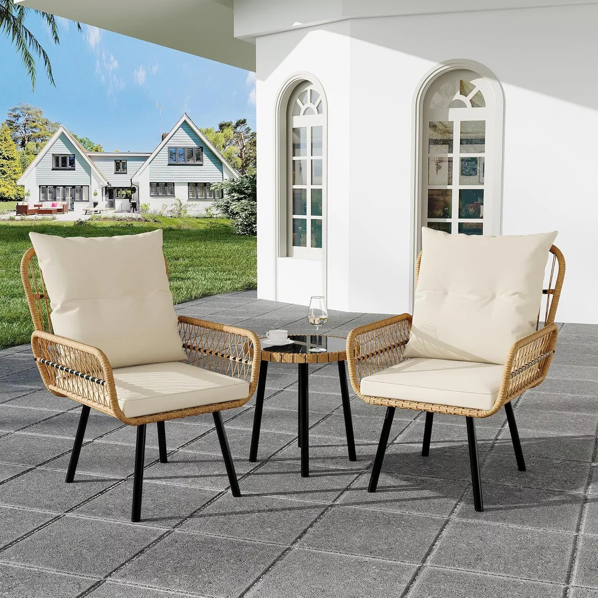 Acekool 3-Piece Outdoor Wicker Patio Bistro Set with Cushioned Armchairs & Round Glass Top Coffee... | Target