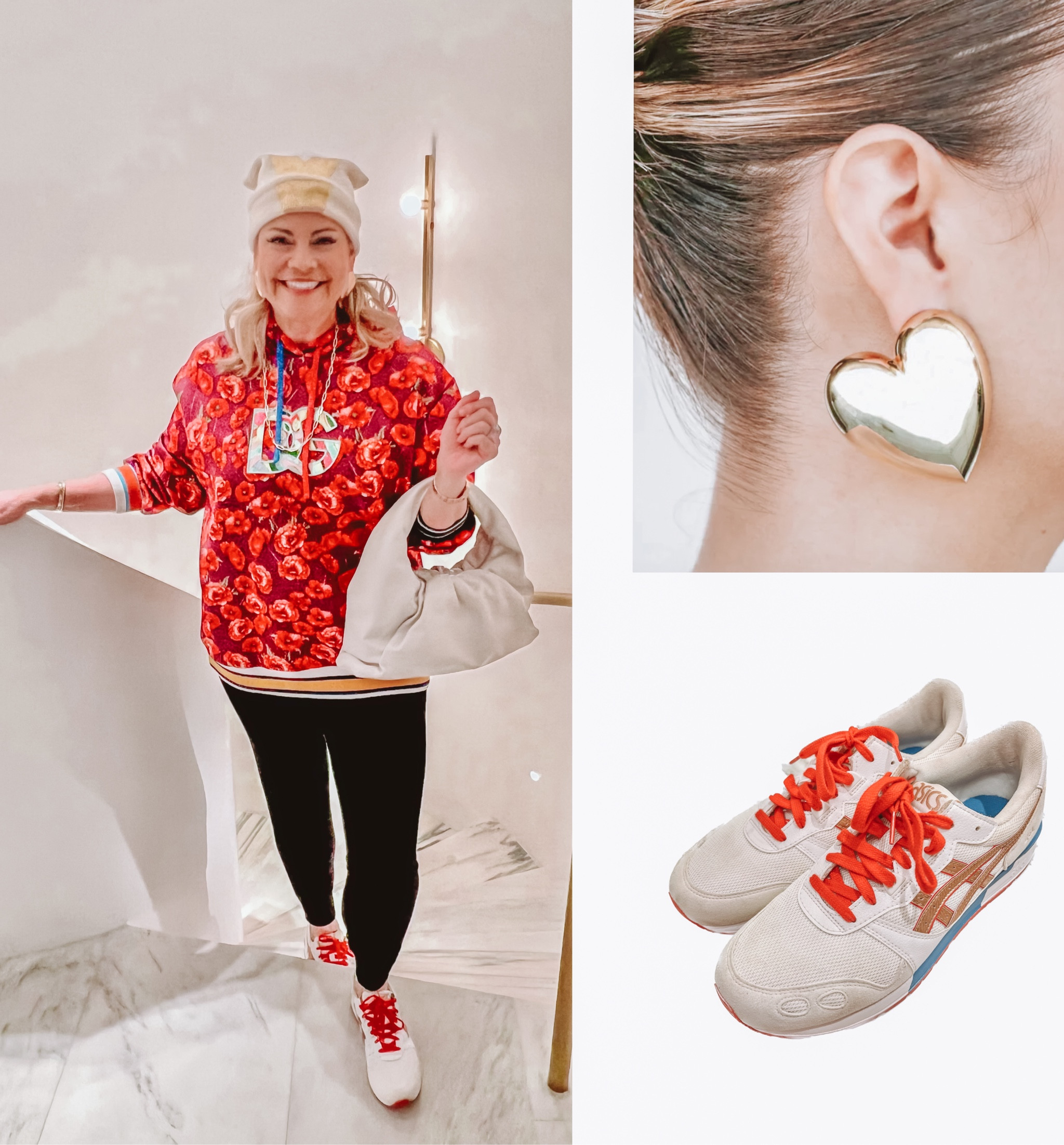 Dolce Gabbana sweatshirt. Jennifer Fischer heart earrings, asics throwback tennis shoes, Valentino beanie, bottega white handbag. Cute for Valentines 💘 

#LTKover40 #LTKMostLoved #LTKSeasonal