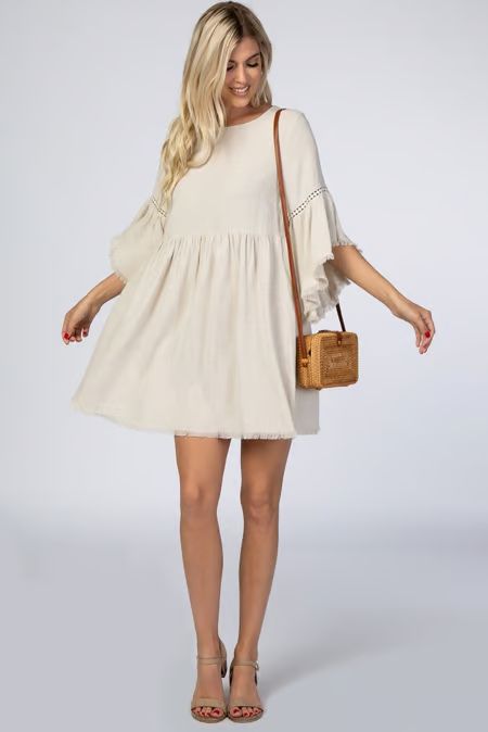 Beige Raw Edge Bell Sleeve Babydoll Dress | PinkBlush Maternity