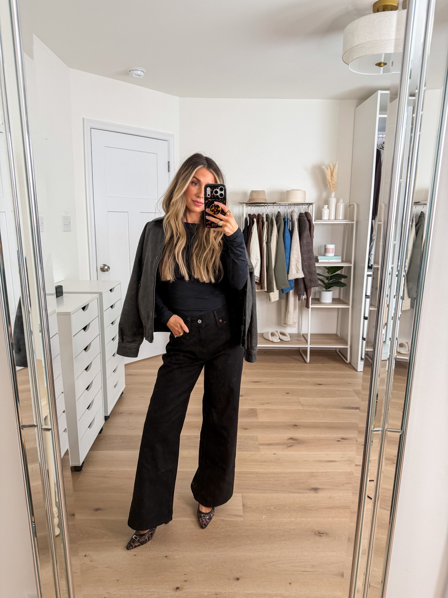 casual chic outfit inspo that can take you from workday to weekend 
+ leather jacket: xs 
+ top: xs 
+ high rise wide leg jeans: 24 short 
+ leopard heels: true to size 

Elevated casual outfit
Casual chic outfit 
Black Jeans
Black denim 
Work outfit 
Office style
Date night outfit 

#LTKootd #LTKWorkwear #LTKdayinmylife