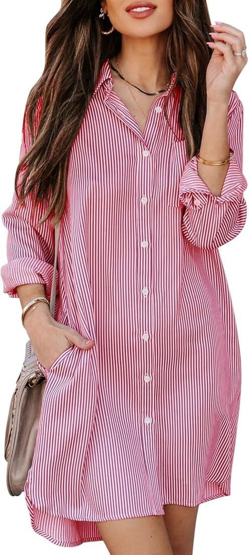 Womens Button Down Shirt Dresses with Pockets Cotton Striped Shirts Collared Tunics Long Sleeve H... | Amazon (US)