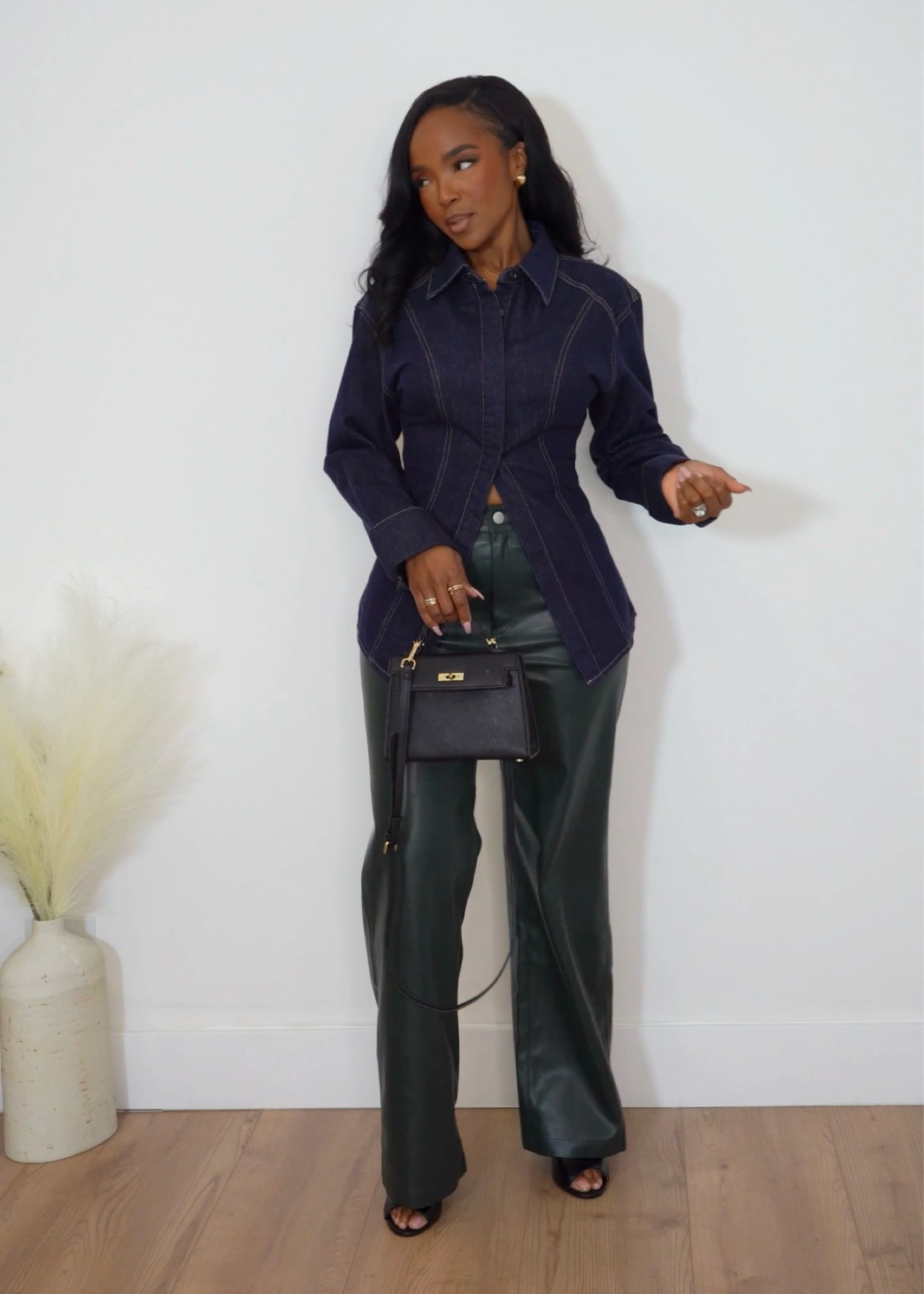 The mode describes a stylish and sophisticated ensemble featuring a green denim top paired with leather pants and completed with black heels. Additionally, the outfit is accessorized with a black designer-inspired purse, adding a touch of luxury.

|•Size small I’m 5’4 | 140lbs | 36D -27 -40  IG & YT: kirasfashionfinds TT: kiraabboud•|

#LTKItBag #LTKShoeCrush #LTKStyleTip