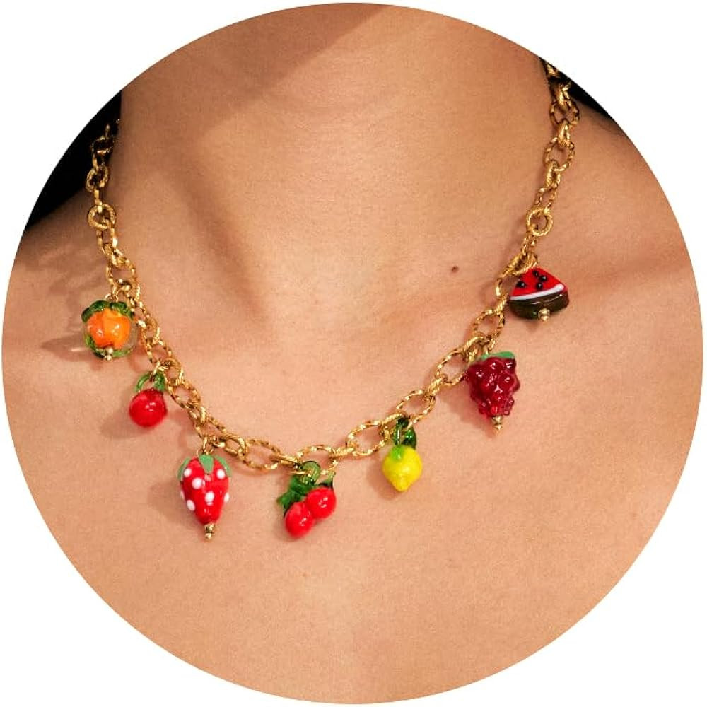 Charm Necklace for Women: Gold Chunky Paperclip Chain Fruit Jewelry with Strawberry Cherry Lemon ... | Amazon (US)